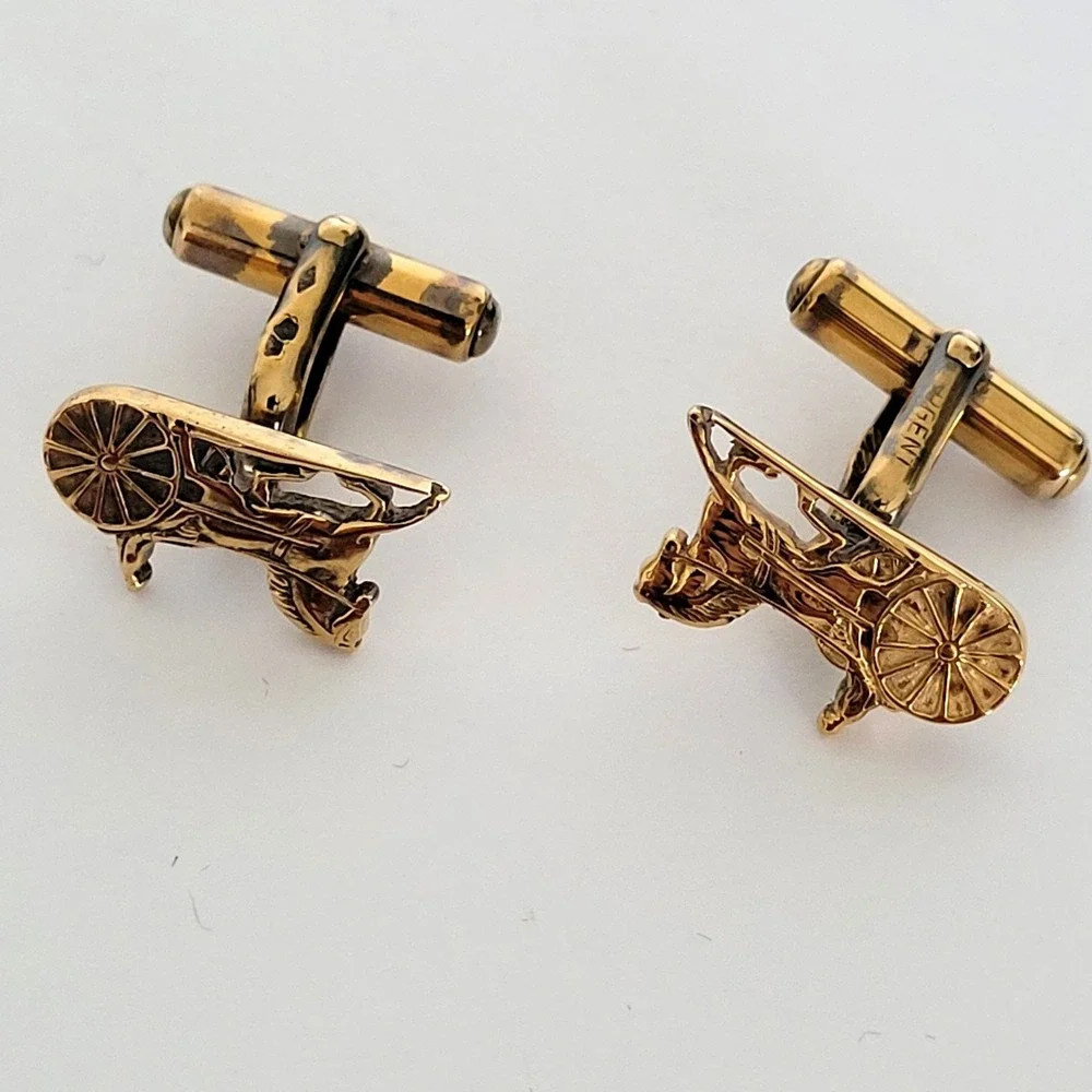 Celine Paris Vintage Horse Carriage Cufflinks Gold Tone Sterling Silver Argent